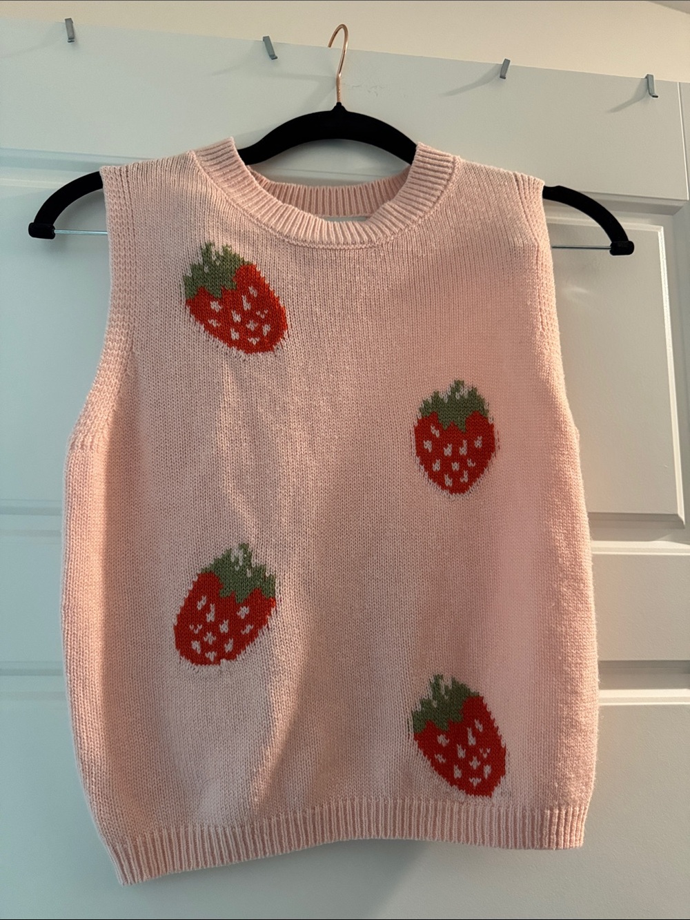 Pink Sleeveless Knit Sweater Vest with Strawberry Motif